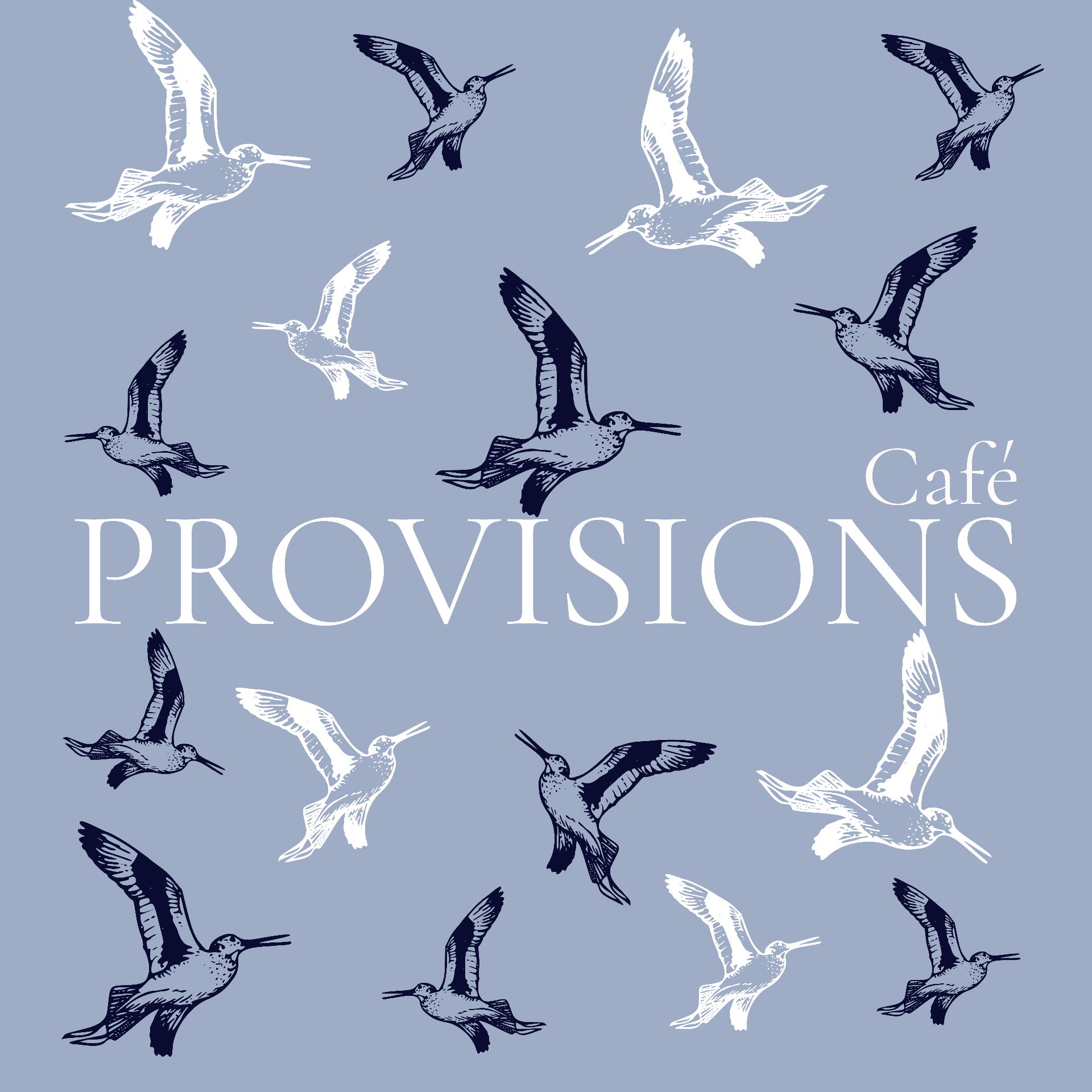 Provisions Cafe brand mark with seagull pattern
