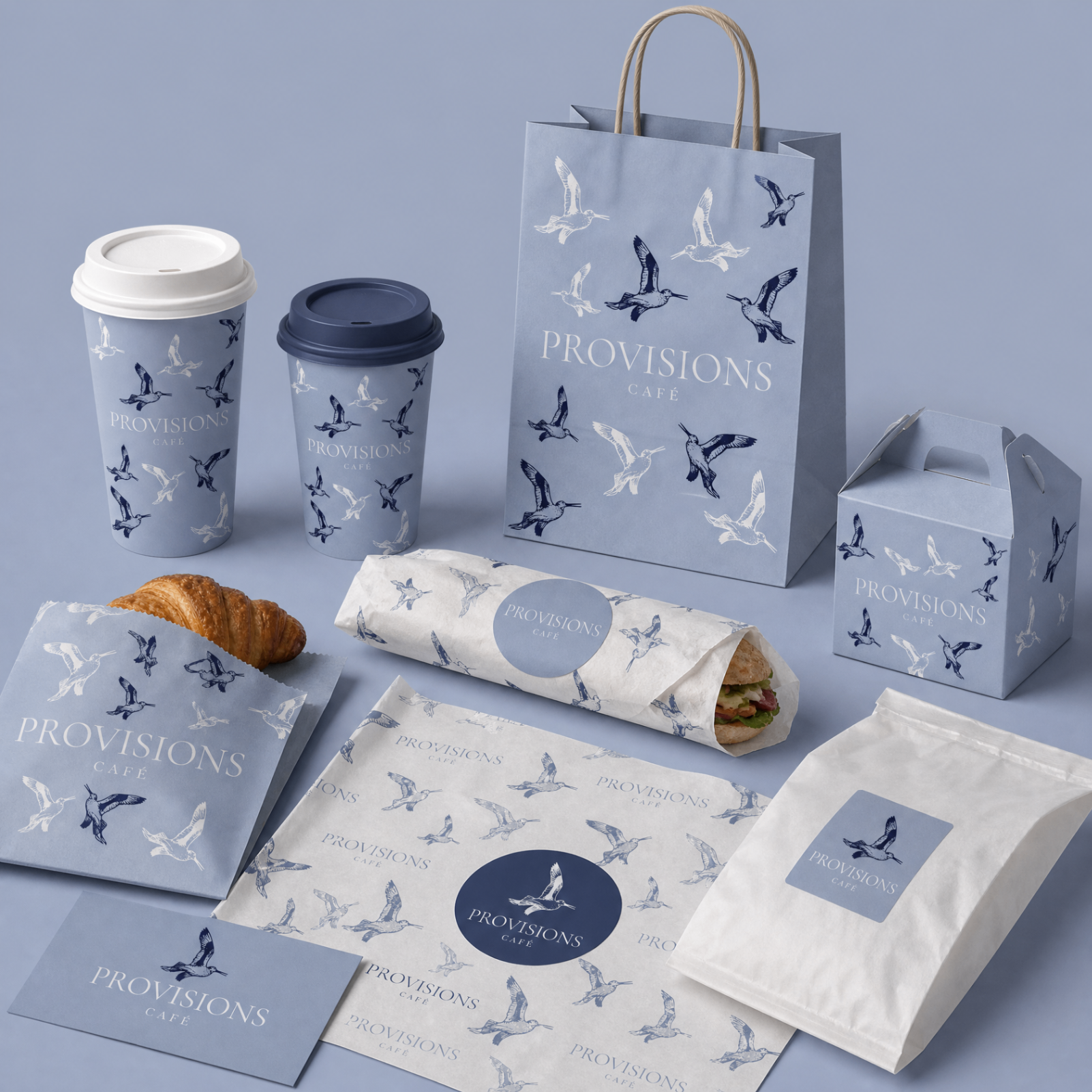 Complete Provisions Cafe packaging family in powder blue and navy