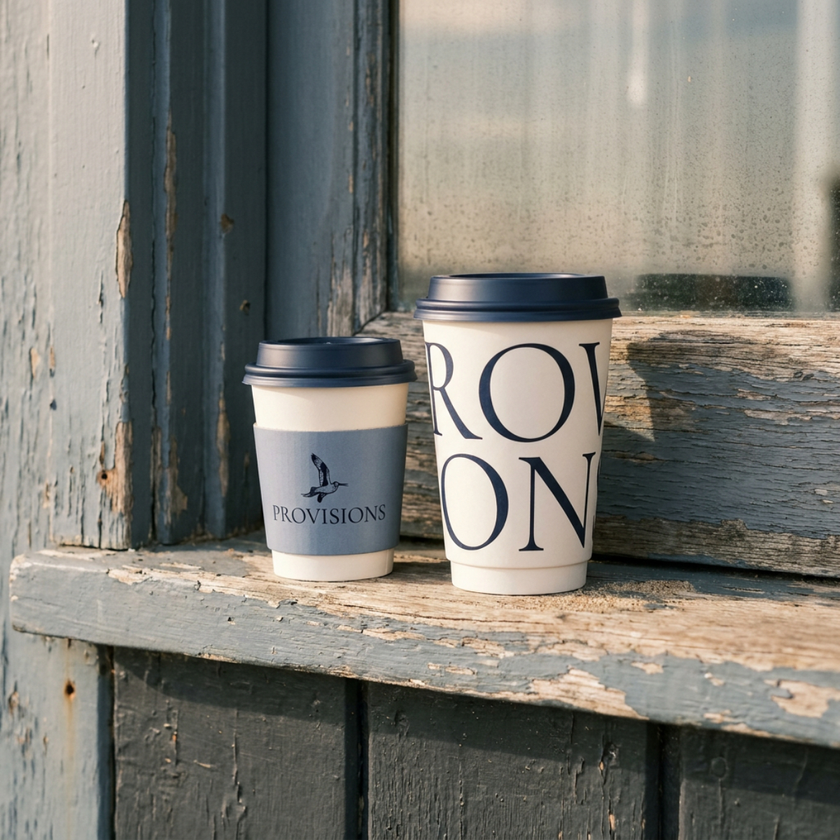 Provisions takeaway coffee cups on a weathered Williamstown window ledge