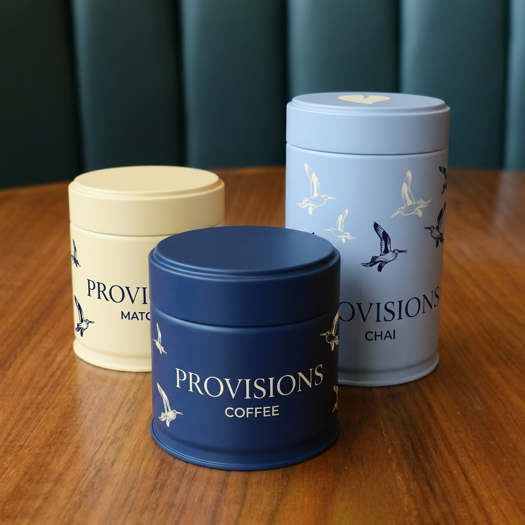 Provisions Cafe coffee, chai and matcha pantry tins