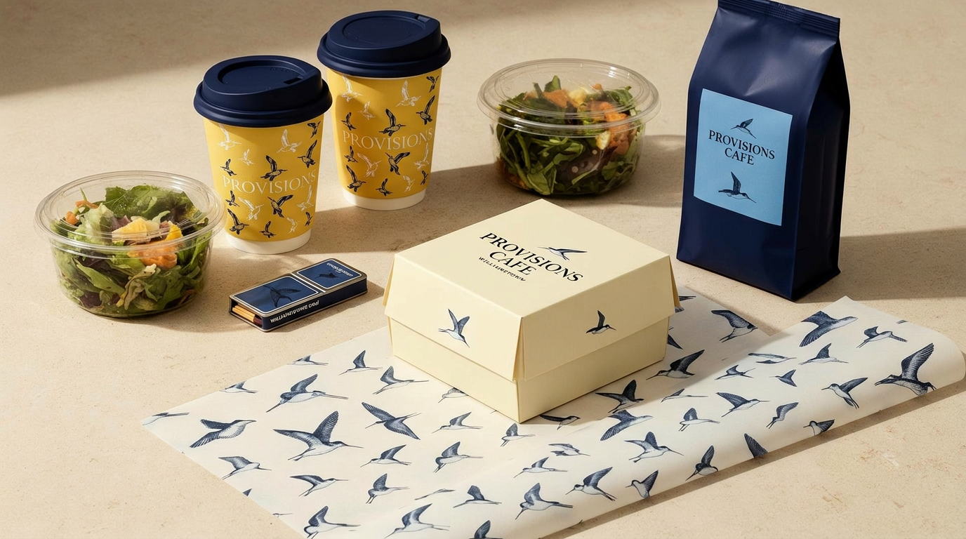 Provisions Cafe takeaway salad cups, soup cups, coffee beans, match tin, paper box and deli paper