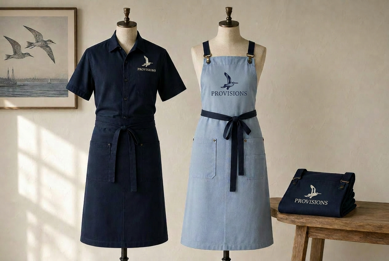 Provisions Cafe navy uniform and sky blue apron with one seagull above the Provisions wordmark